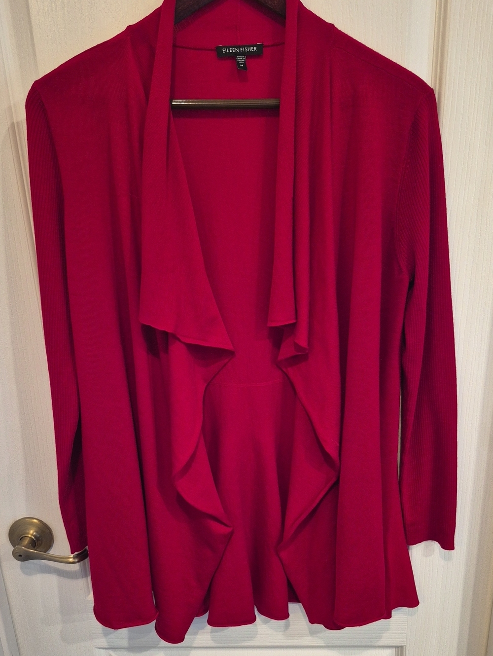 Eileen Fisher Dark Red Draped Open-Front Merino Wool Cardigan In Size Medium